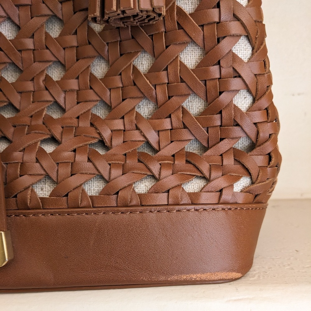Lauren Ralph Lauren Woven Leather Bucket Bag Field Brown Diana Portwood Tote - Picture 7 of 16